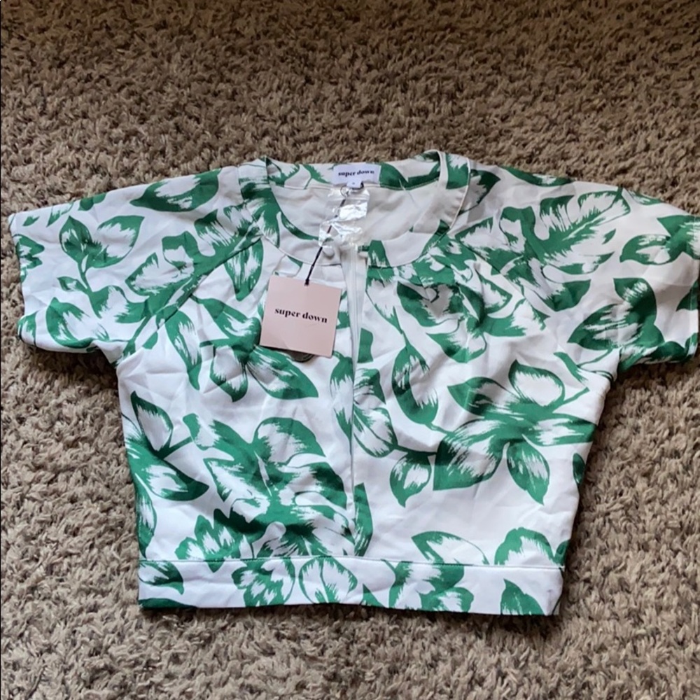 superdown Leafy Green and White Crop Top